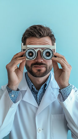 Portrait of a Young Male Ophthalmologist Wearing a Trial Frame, Eye Exam and Vision Care Conceptの素材