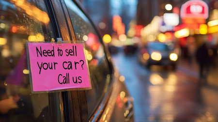 Pink Sticky Note Advertising Car Buying Service, Urban Street Background, Street Photographyの素材