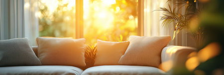Sunlit Comfy Living Room With Sofa Near Window On Sunny Morning, Cozy Interior Conceptの素材