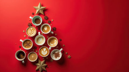 A creative arrangement of coffee cups filled with rich coffee and scattered coffee beans, artistically shaped like a Christmas tree against a vibrant red background, ideal for festive celebrations.の素材