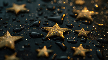 Golden stars scattered on a black stone surface with a golden glitter background.の素材