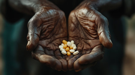 Elderly Hands Holding Medication, Poverty And Healthcare Concept. Hope For Treatment And Healing.の素材
