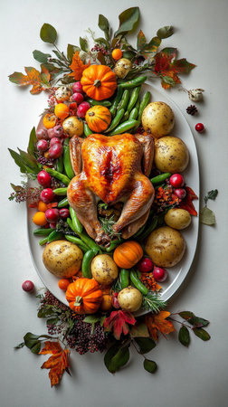 Thanksgiving Feast Roasted Chicken with Autumn Vegetables, Gourds, and Festive Fall Decorの素材