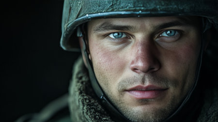 Portrait of a Young Soldier with Intense Blue Eyes Close-Up on Determination and Resilienceの素材