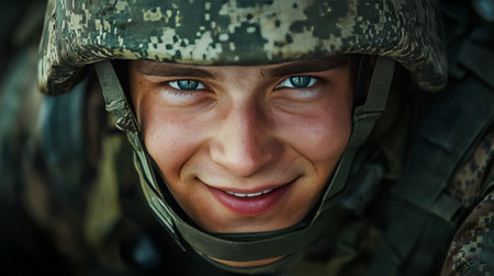 Portrait of a Young Soldier with Striking Blue Eyes, Wearing Camouflage Uniform and Helmetの素材