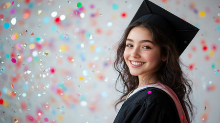 Happy Graduate Celebrates with Confetti, a Symbol of Success and Academic Achievementの素材