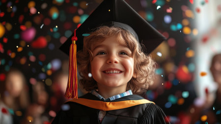 Joyful Little Graduate Celebrates Graduation with Confetti, Achievements, and Childhood Dreamsの素材