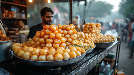 Indian Street Food, Crispy, Golden Fried Dough Balls, Savory Snacks, Food Stall Displayの素材