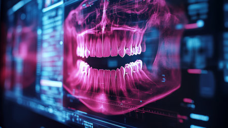 AI-Powered Dentistry Close-Up X-Ray of Teeth, Highlighting Sharp, Detailed Imagery in 8K Resolutionの素材