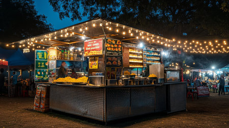 Food Stand With String Lights Open At Night Market, Festival, Or Fair With Customers And Peopleの素材