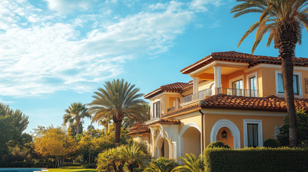 Luxury Spanish Style Villa with Palm Trees, Lush Landscaping, and a Pool on a Sunny Dayの素材