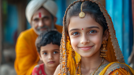 Smiling Indian Girl Wearing Traditional Clothing with Family in Front of a Colorful Home, Indiaの素材