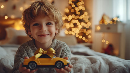 Joyful Boy Holding Toy Car Gift, Blurred Christmas Decor Background, Bedroom, Childhood, Winterの素材