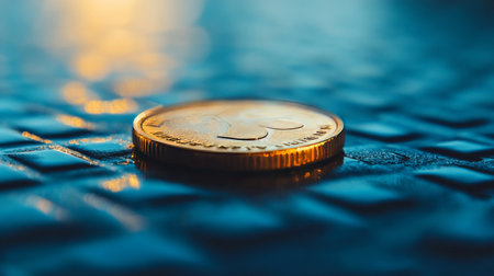 Golden Coin on Reflective Blue Grid Strength, Stability, and Financial Success in UHD Resolutionの素材