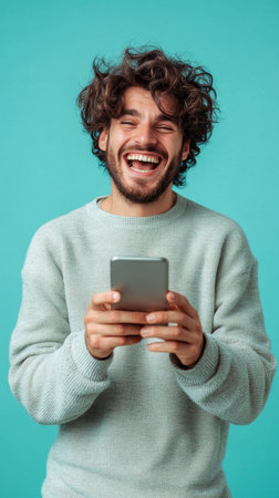 Happy Young Man Enjoying Smartphone Content, Isolated on Blue Background. Casual Style.の素材