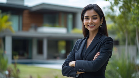 Confident Indian Real Estate Agent With Arms Crossed Stands In Front Of A Modern Luxury Home.の素材