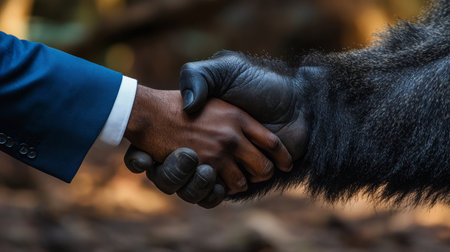 Building Bridges Businessman And Gorilla Shake Hands In Symbol Of Unity And Cooperationの素材