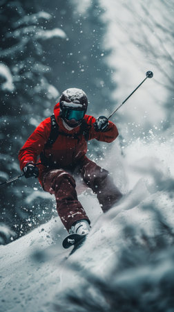 Powder Turns, Skier Carving Through Deep Snow, Mountain Adventure, Backcountry Skiing.の素材