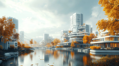 Futuristic Cityscape with Lush Autumnal Foliage by the Tranquil Riverside Reflected in Waterの素材