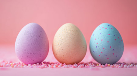 Three Colorful Easter Eggs on Pink Background With Sprinkles, Festive Holiday Decorationの素材
