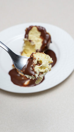 Indulgent Chocolate Fudge Sauce Drizzled Over Creamy Cheesecake Slice on White Plate.の写真素材