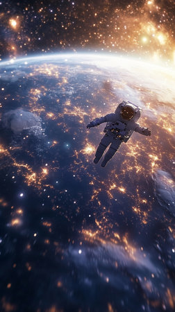 Astronaut Floating in Space with Earth in Background, Space Exploration and Adventure Conceptの素材