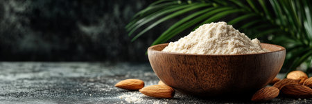 Almond Flour In Wooden Bowl With Ingredient, Gluten-Free Baking Concept., Healthy Foodの素材