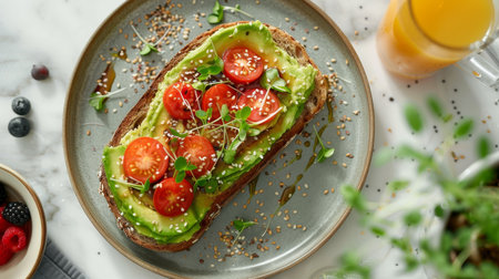 Avocado Toast with Tomato, Fresh Herbs, and Orange Juice. Healthy Breakfast or Brunch Conceptの素材