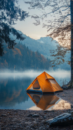 Orange Camping Tent by Lake, Wilderness Retreat Concept at Sunset with Beautiful Mountain Viewの素材