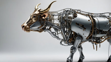 A unique golden and silver steampunk bull sculpture featuring intricate mechanical details, isolated on a white background. Ideal for modern or retro decor, gifts, and creative projects.の素材