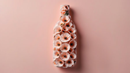 Elegant Clear Glass Wine Bottle Adorned with Stunning pink Poppies on Soft Pink Background.の素材