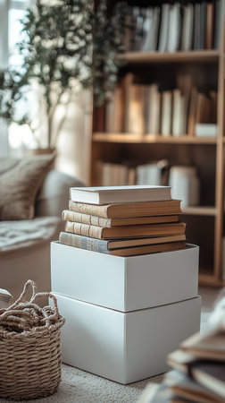 Minimalist Living Room Storage Boxes, Stack of Books, Home Decor on Carpet, Cozy Interior Designの素材