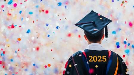 Celebrating Success Graduate in Cap and Gown with Year 2025, Amidst a Shower of Colorful Confettiの素材