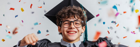 Joyful Graduate in Cap and Gown Surrounded by Colorful Confetti, Celebrating Education Successの素材
