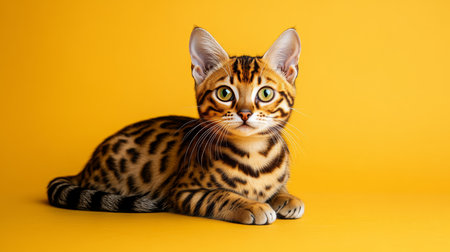 Curious Bengal Cat with Striking Spots and Green Eyes, Isolated on Vibrant Yellow Backgroundの素材