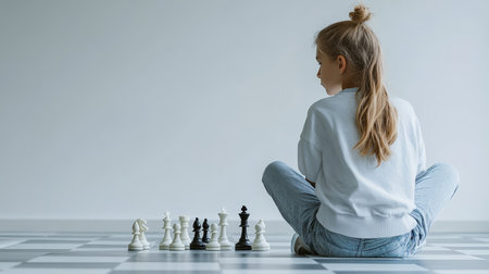 Young Girl Contemplating Her Next Move Beside a Chessboard, Minimalist Interior Designの素材
