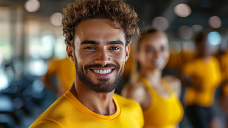 Smiling, Confident Male Athlete Stands Out from the Crowd at a Busy, Modern Fitness Centerの素材