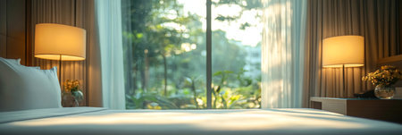Sunny Interior of a Cozy Bedroom with Views of Lush Greenery, Illuminated by Warm Lampsの素材
