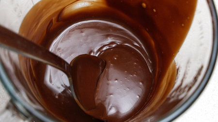 Close-up of a chocolate fudge in a glass measuring cup with a spoon.の写真素材