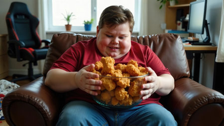 Smiling gamer teenager eating fried chicken from a bowl while sitting on a couch with gaming table setup behindの素材