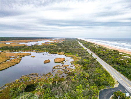 This beautiful stock image showcases a scenic Florida highway, flanked by lush wetlands on one side and the sparkling Atlantic Ocean on the other, emphasizing the region s stunning natural beauty.の写真素材