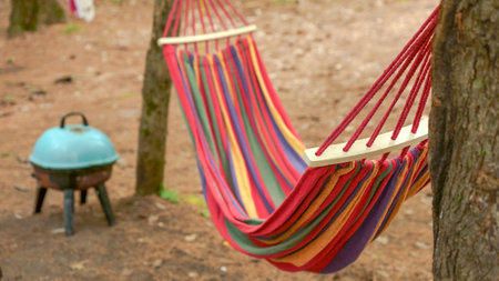 A vibrant, colorful striped hammock is gracefully hanging between two tall trees in a peaceful forest. The hammock remains empty, gently swaying back and forth in the soft breeze, inviting relaxation.の写真素材