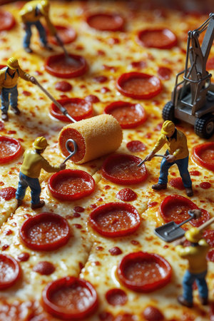 A vibrant scene depicting tiny construction workers actively crafting a pizza. They use tools like rollers and shovels, showcasing teamwork and creativity in this whimsical culinary project.の素材