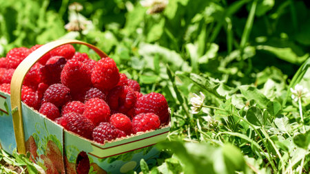 This image showcases a close-up of a beautifully arranged basket brimming with fresh, juicy raspberries. The vivid red of the berries contrasts beautifully with the lush green grass surrounding them.の写真素材
