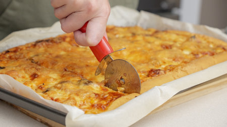 Cutting pizza with a round cutter knife. Close-up of delicious pizza being cut into pieces. Slow motion slicing a pizza into multiple slices with a cutterの写真素材