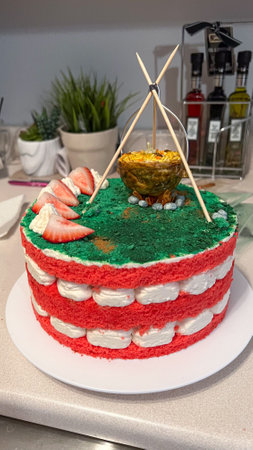 A whimsical cake inspired by campfire adventures. With red velvet layers and green frosting, it s perfect for birthdays or themed events, serving as a delightful treat for all occasions.の写真素材