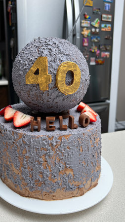 A stylish cake for a 40th birthday. It has grey textured frosting, golden numbers, chocolate letters that say HELLO, and fresh strawberries for a delightful finish. Perfect for the celebration.の写真素材
