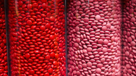 Colorful round candies displayed in clear plastic containers, arranged in a neat row. Perfect for backgrounds or illustrations related to the confectionery industry.の写真素材