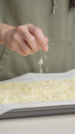 Grated cheese falls out of the cook's hand on pizza. Homemade pizza. Grated cheese for pizzaの写真素材