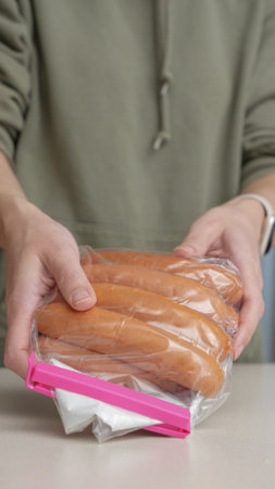 Hands covering open sausage bag with food clip for storage. Meat sausage in a package for long-term storageの写真素材
